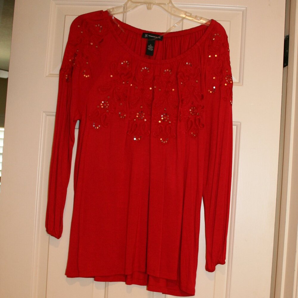 INC Sz LG LS Red Top with Silver Sequin Sparkles & Red Embroidery